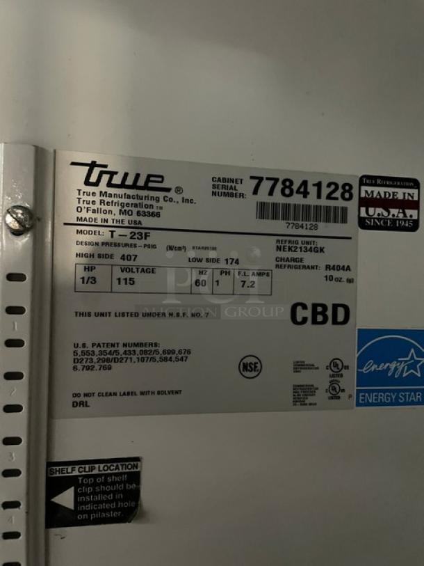 True Commercial Stainless Steel Single Door Reach In Freezer, Model T-23F, Energy Star Certified, Serial #7784128, 115V, on casters.