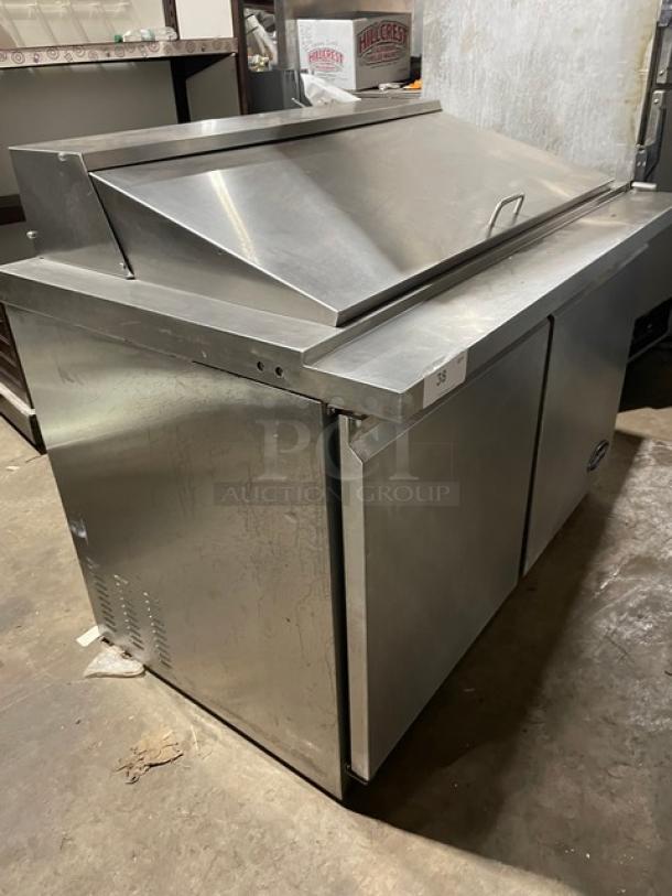 Entree S48MT stainless steel 2-door refrigerated prep table, bain marie design, good condition, model S48-MT.