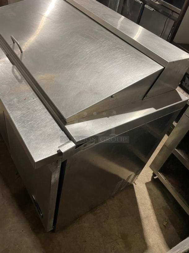 Entree S48MT stainless steel 2-door refrigerated prep table, bain marie style, in good condition. Model: S48-MT, SN: 1608ENTH00088.