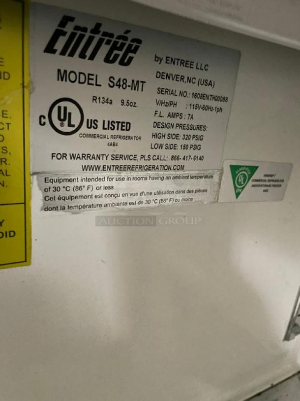 Entree S48-MT refrigerated prep table label, stainless steel, 2-door, 115V, 1 phase, UL listed, serial 1608ENTH00088.