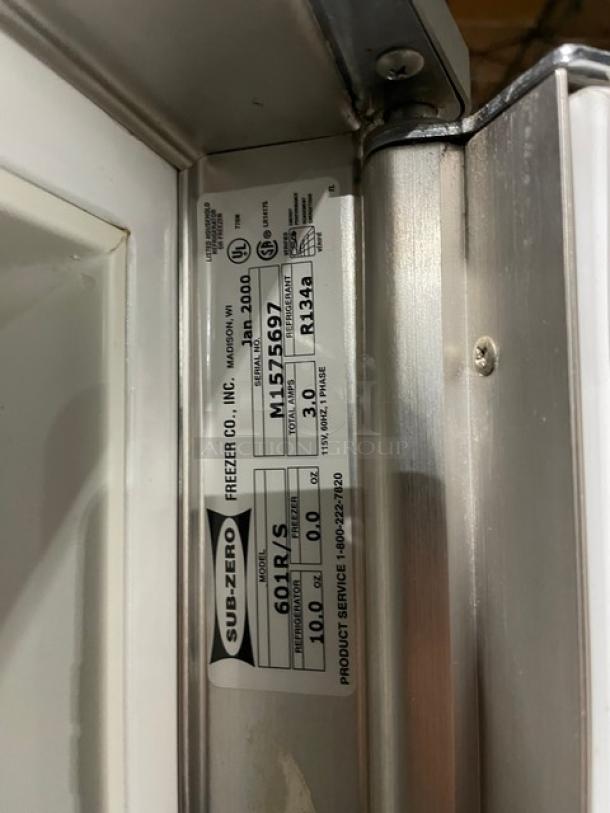 Sub-Zero 601RS Stainless Steel Commercial Refrigerator, Model 601R/S SN: M1575697. 115V, 1 phase. Interior label shown.