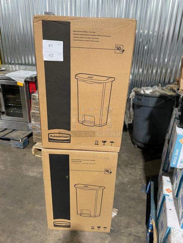NEW Rubbermaid Slim Jim 13 Gal. Step-On Trash Container, in box, 50L capacity, durable commercial design, rectangular shape.