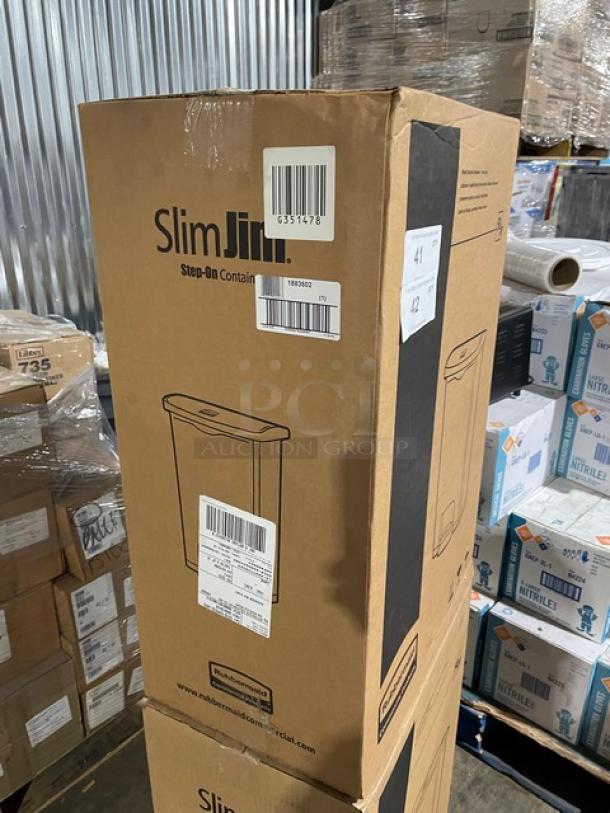 Rubbermaid Slim Jim 50L Step-On Trash Container in box, new condition, features hands-free operation.