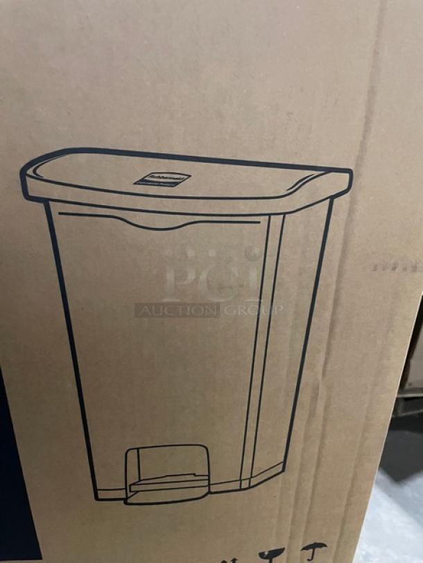 Rubbermaid Slim Jim 13 Gal. Step-On Trash Container, new in box, illustrated on packaging, rectangular design.