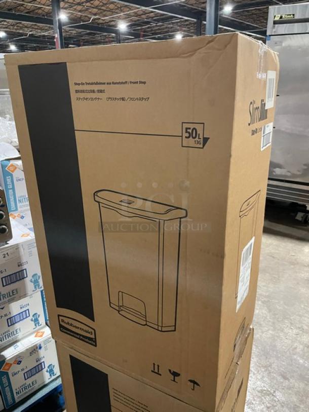 NEW Rubbermaid Slim Jim 50L/13 Gal. step-on trash container in original box. Ideal for commercial use.