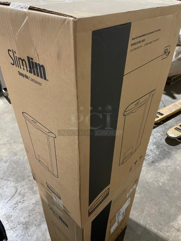 Rubbermaid Slim Jim 50L Step-On Trash Container, new in sealed box, showing product branding and images on packaging.