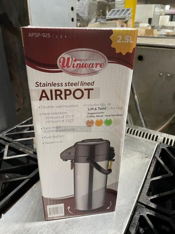 Winco Winware Series stainless steel 2.5L air pot, Model APSP-925, new in box. Double-wall insulation, push button, color tags included.