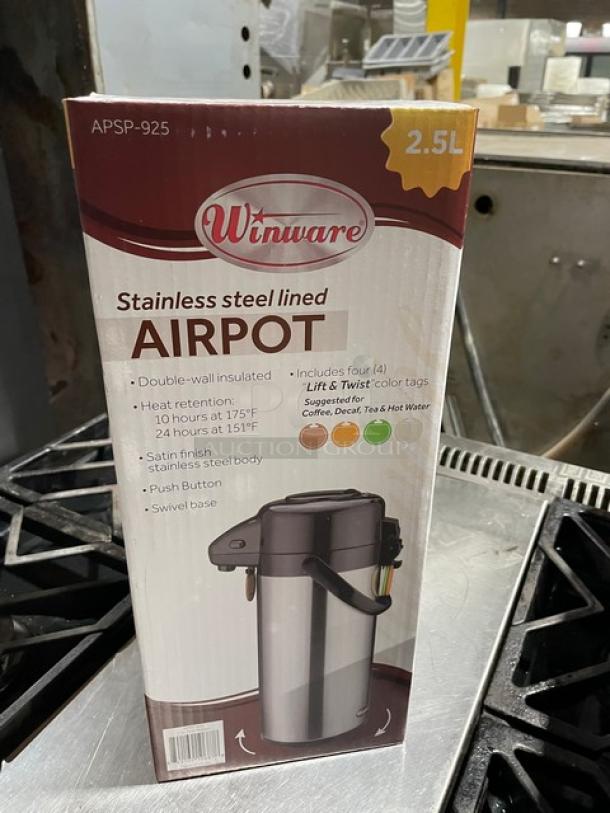 Winco Winware APSP-925 air pot, 2.5L, stainless steel, double-wall insulated, new in box, includes four color tags.