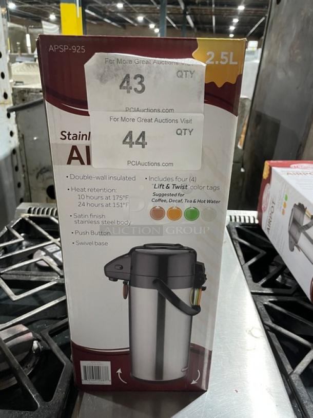 New Winco APSP-925 2.5L air pot, double-wall insulated, stainless steel, push button, includes color tags, in box.