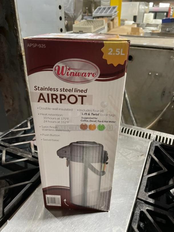 Winco Winware APSP925 stainless steel air pot, 2.5L, double-wall insulated, new in box, swivel base, includes color tags.