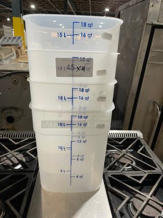 Cambro CamSquares FreshPro 18 Qt. food storage containers, model 18SFSPROPP190, stack of four, with measurement markings.