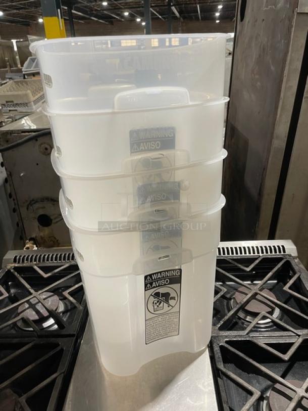 Cambro CamSquares FreshPro 18 Qt. translucent food storage containers, model 18SFSPROPP190. Stack of four in new condition.