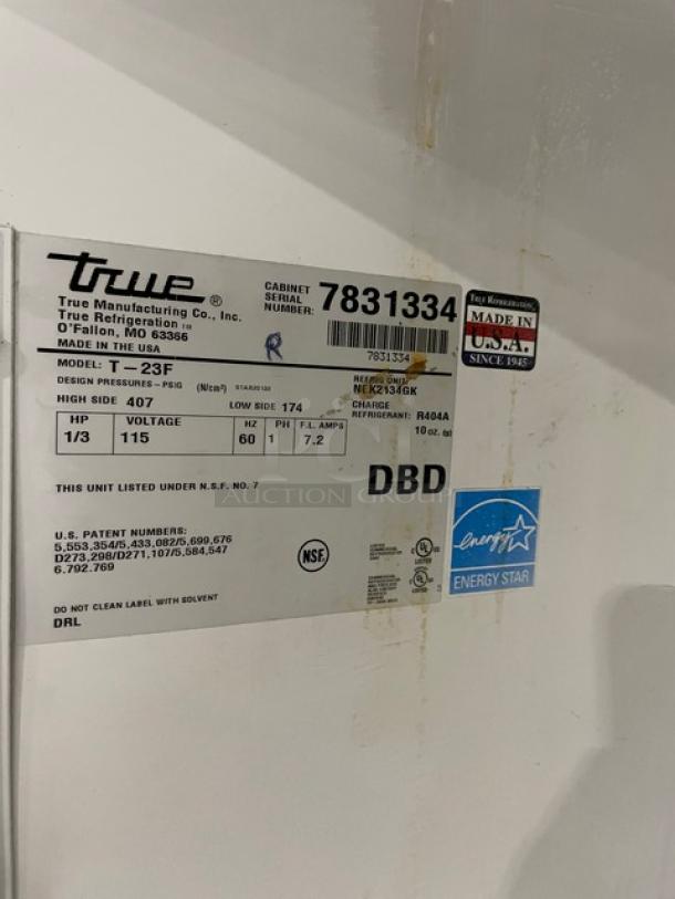 True T-23F Commercial Stainless Steel Single Door Reach-In Freezer, Energy Star Certified, 115V, Serial 7831334, on casters.