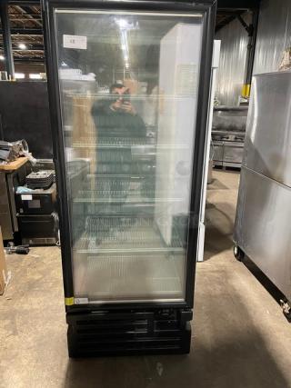 Imbera VFS24R2 commercial black single glass swing door reach-in merchandiser freezer with poly coated wire racks, 2023 model.