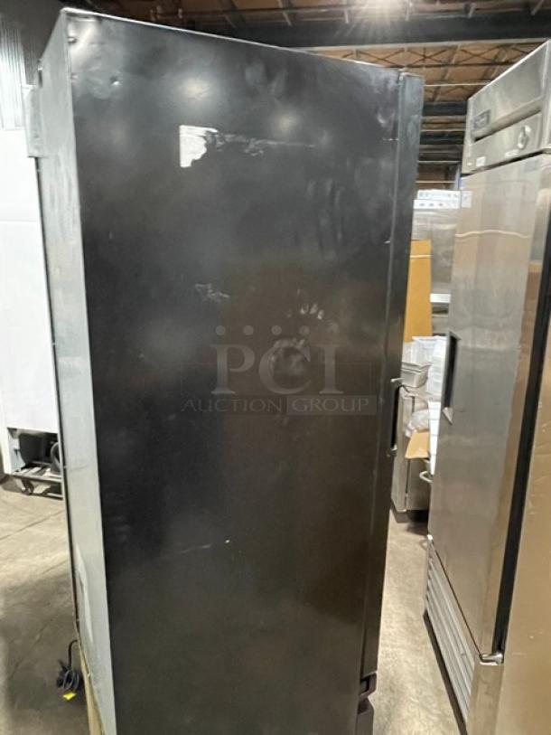 Imbera VFS24R2 late model commercial black freezer, single glass swing door, includes poly coated wire rack, 115V 1 Phase.