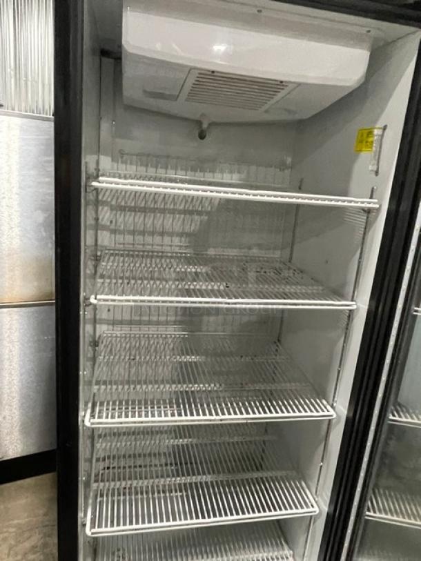Imbera VFS24R2 commercial glass door freezer, poly-coated wire racks, black frame, excellent condition, 115V, late model 2023.