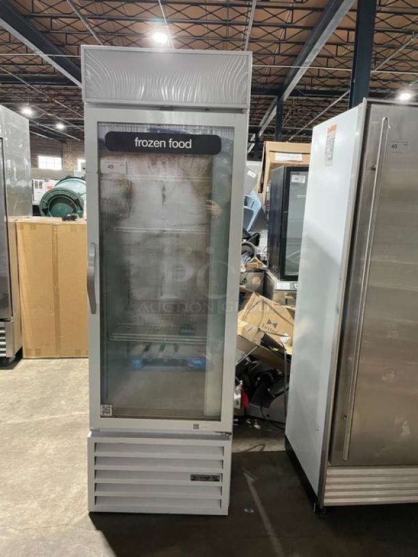 Beverage-Air Model CFG24-1 merchandiser freezer with single glass swing door, poly coated wired rack, 115V, SN 6851290.