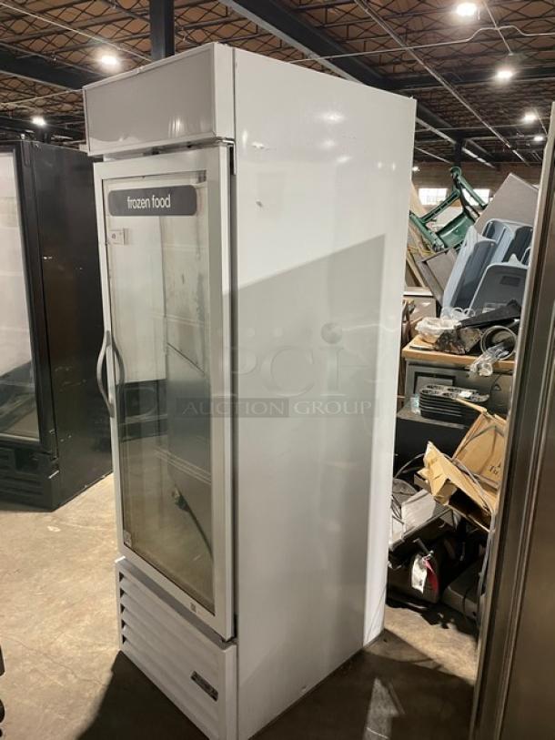 Beverage-Air CFG24-1 commercial white freezer, single glass swing door, poly coated rack, good condition, 115V, SN: 6851290.