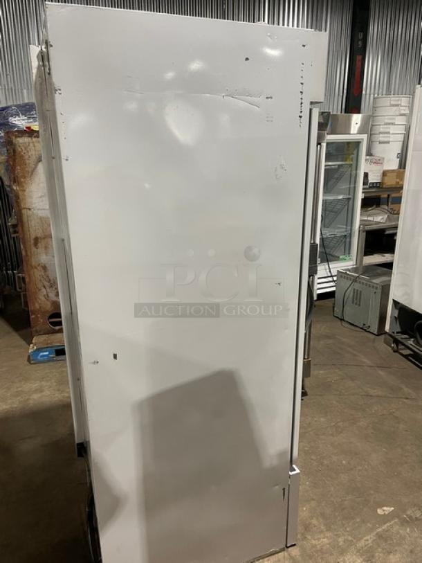 Beverage-Air CFG241 commercial freezer, single glass swing door, poly-coated rack, white, model CFG24-1, SN: 6851290.