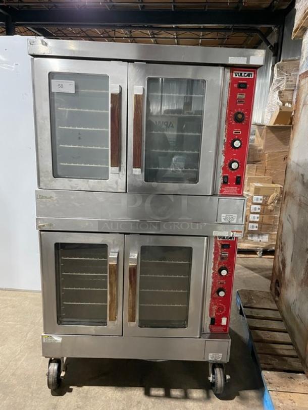 Vulcan SG4D1 double-stacked stainless steel convection oven, natural gas, with wired racks, on casters, model SG4D-1.