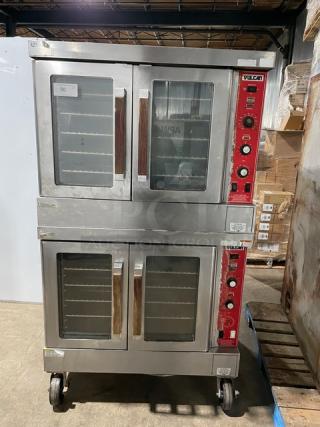 Vulcan SG4D1 double-stacked stainless steel convection oven, natural gas, with wired racks, on casters, model SG4D-1.