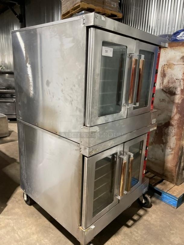 Vulcan SG4D1 stainless steel double-stacked convection oven. Natural gas-powered, includes wired oven rack, on casters.