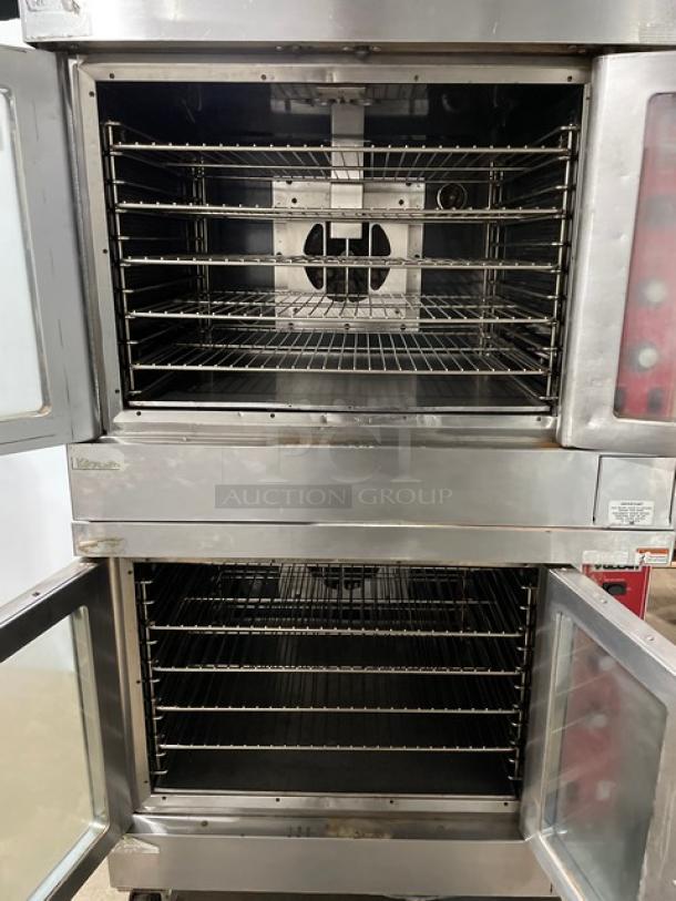 Vulcan SG4D-1 double stacked stainless steel convection oven on casters, natural gas powered, with wired oven rack.