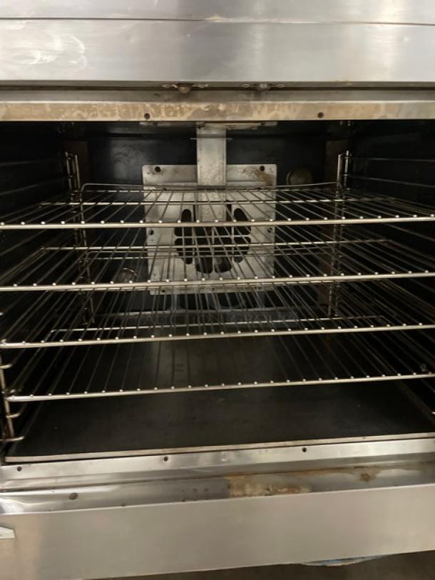 Vulcan SG4D-1 double convection oven, stainless steel, natural gas, on casters, wired oven rack, serial 48-1474024.