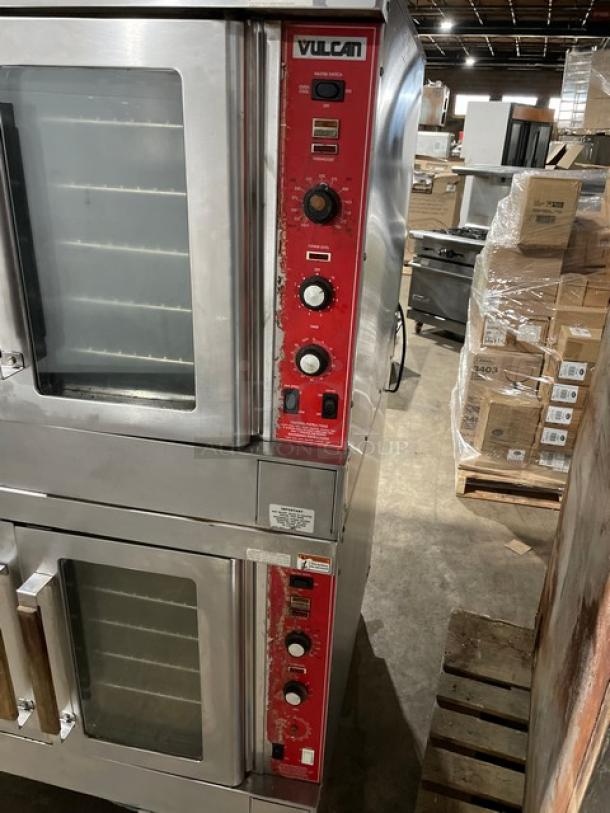 Vulcan SG4D1 commercial double-stacked stainless steel convection oven, natural gas, with wired oven rack, on casters.