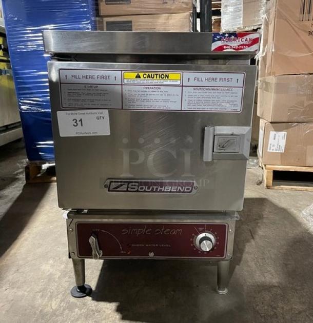 Southbend Simple Steam Series EZ-3 countertop steamer, stainless steel, electric, on legs, serial 08G72460-2, 208V, 3 phase.