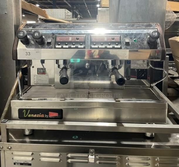 Cecilware Venezia ESP2 espresso machine, stainless steel, dual spouts, steam wand, drip tray, 220-240V, on legs.
