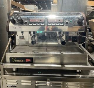 Cecilware Venezia ESP2 espresso machine, stainless steel, dual spouts, steam wand, drip tray, 220-240V, on legs.