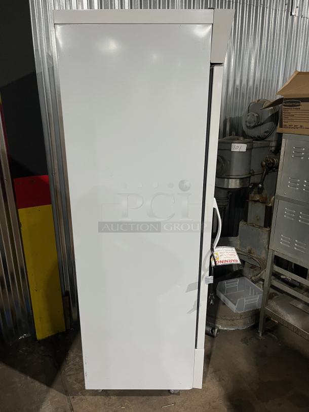 ABS Commercial White Reach-In Refrigerator, Model PH-ABT-HC-S16G-DJA, single glass swing door, on casters.
