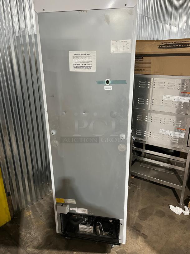 ABS Commercial White Single Glass Swing Door Refrigerator, Model PH-ABT-HC-S16G-DJA, with poly coated rack, on casters.