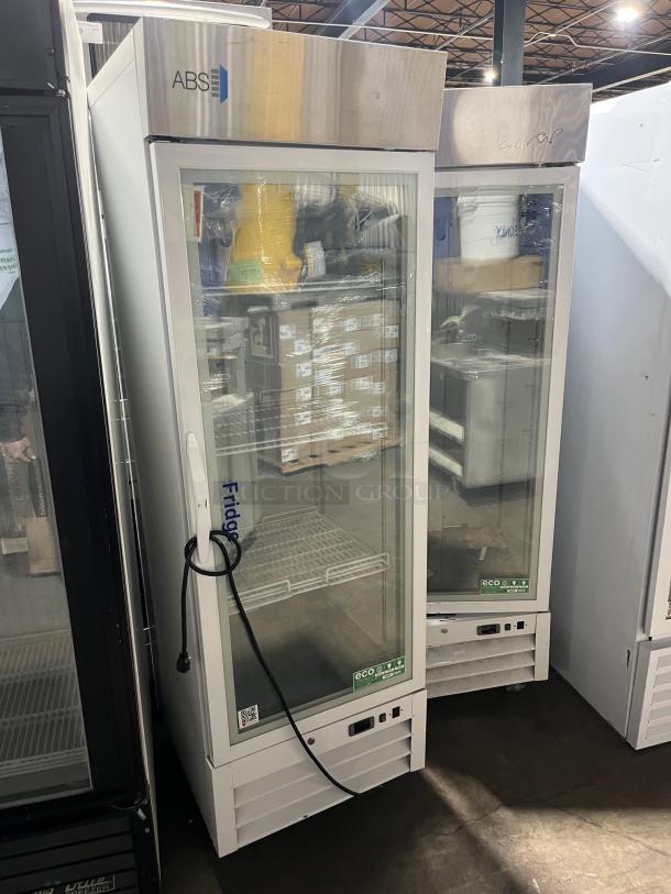ABS Commercial Reach-In Refrigerator, model PHABTHCS16GDJA, single glass door, poly coated rack, 115V, on casters.