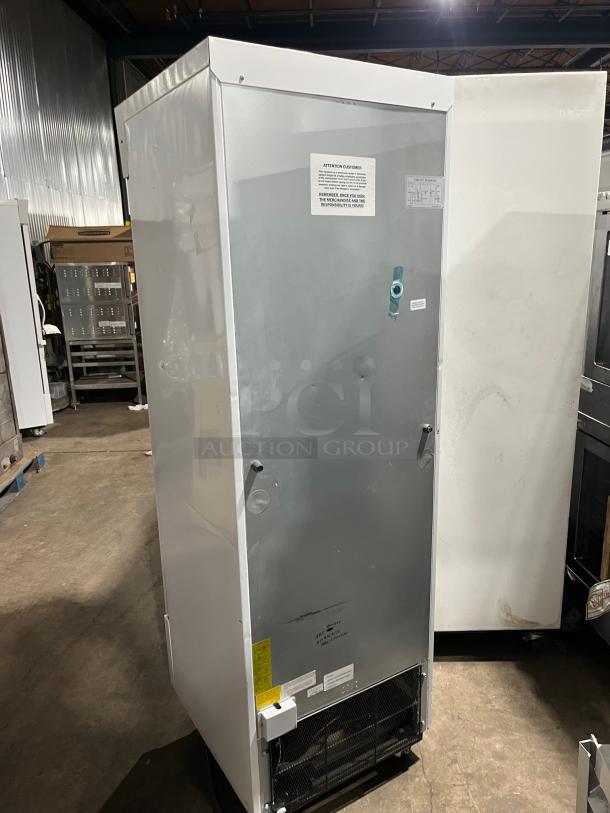 ABS Commercial white reach-in refrigerator, Model PH-ABT-HC-S16G-DJA, single glass swing door, includes poly-coated wire rack, on casters.