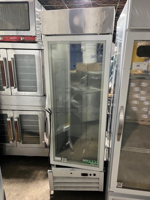 ABS commercial reach-in refrigerator with single glass swing door, model PH-ABT-HC-S16G-DJA, on casters, white.