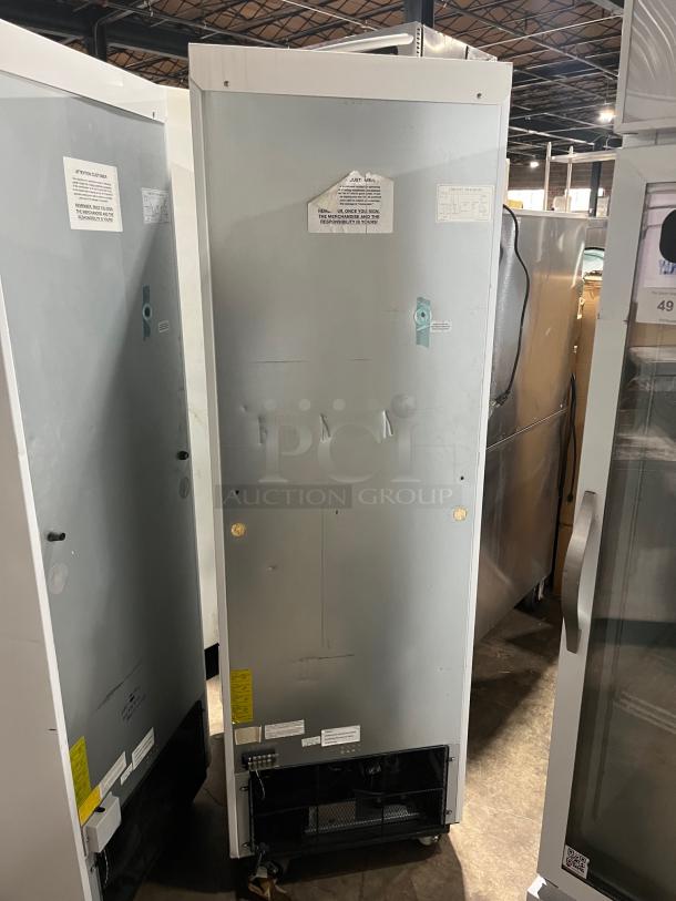 ABS Commercial White Glass Door Reach-In Refrigerator, Model PH-ABT-HC-S16G-DJA. Features poly-coated wired rack, casters, 115V, 1 Phase. Serial: ABS-20139959-2109.