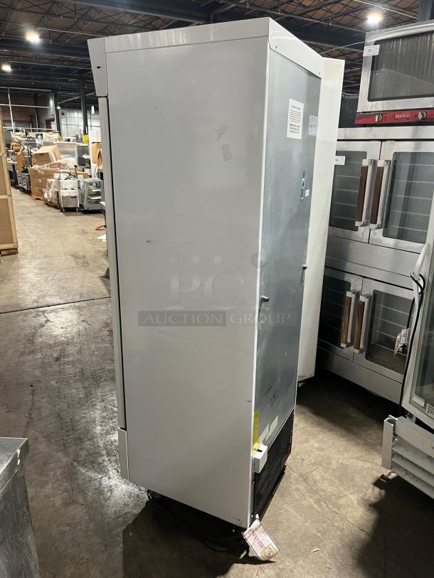 ABS Commercial Single Glass Door Refrigerator, Model PH-ABT-HC-S16G-DJA, white, with poly-coated wired rack, on casters.