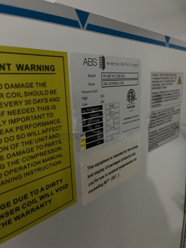 ABS Commercial White Single Glass Swing Door Refrigerator, Model PH-ABT-HC-S16G-DJA, 115V, on casters, with labels.