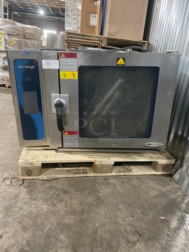 Alto-Shaam 714ESISK commercial stainless steel combi smoker oven, electric, single stack, visible model and safety labels.