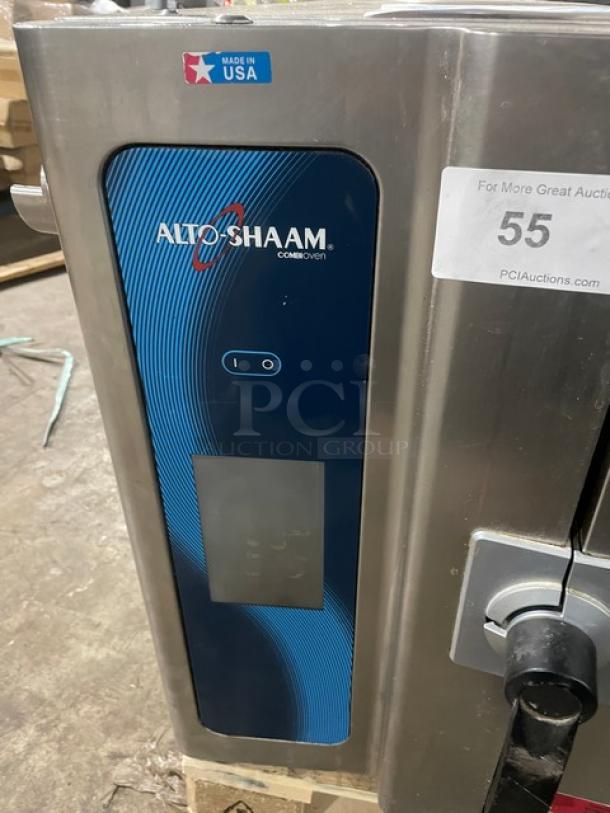 Alto-Shaam 714ESISK stainless steel combi smoker oven, electric, single stack, made in USA, visible model details.