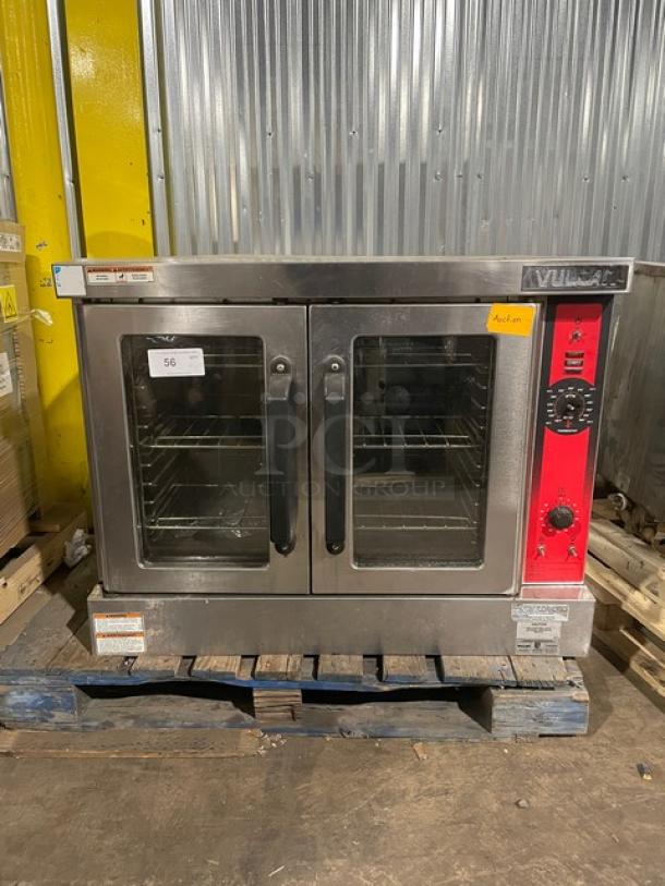 Vulcan commercial single stack convection oven, stainless steel, natural gas powered, with wired oven rack, red control panel.