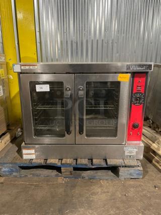 Vulcan commercial single stack convection oven, stainless steel, natural gas powered, with wired oven rack, red control panel.