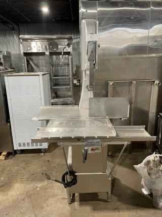 Butcher Boy commercial stainless steel meat band saw, electric-powered, heavy-duty, free-standing on legs, industrial use.