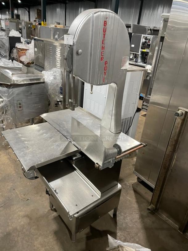 Butcher Boy stainless steel electric meat band saw, free-standing, heavy-duty, excellent condition, with branding.