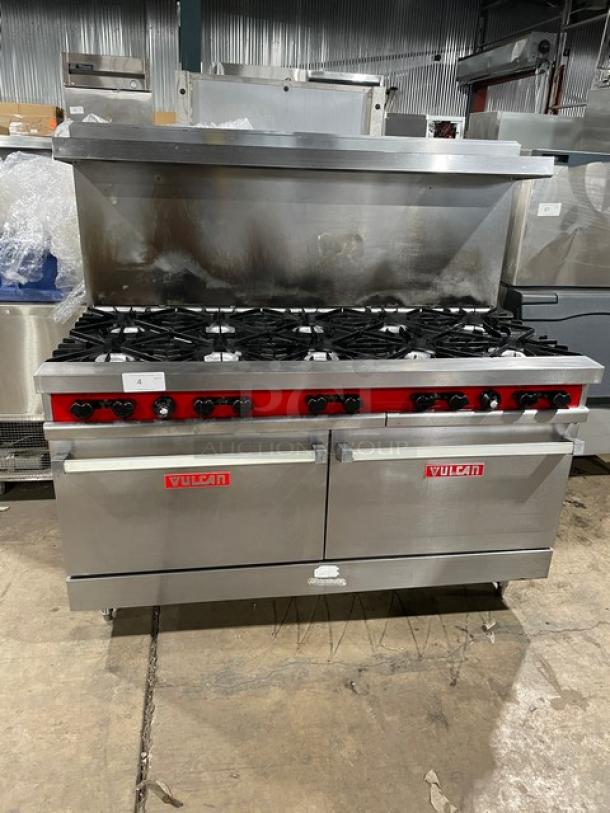 Vulcan commercial stainless steel natural gas 10-burner range and double oven combo, with overhead salamander shelf and wired oven rack.