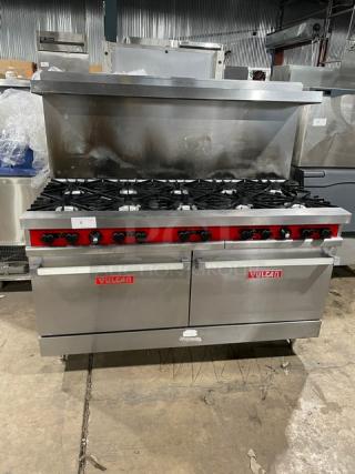 Vulcan Commercial Stainless Steel Natural Gas Powered 10-Burner Range/Double Oven Combo! With Back Splash & Overhead Salamander Shelf! With Wired Oven Rack! On Legs! - Item #1217959