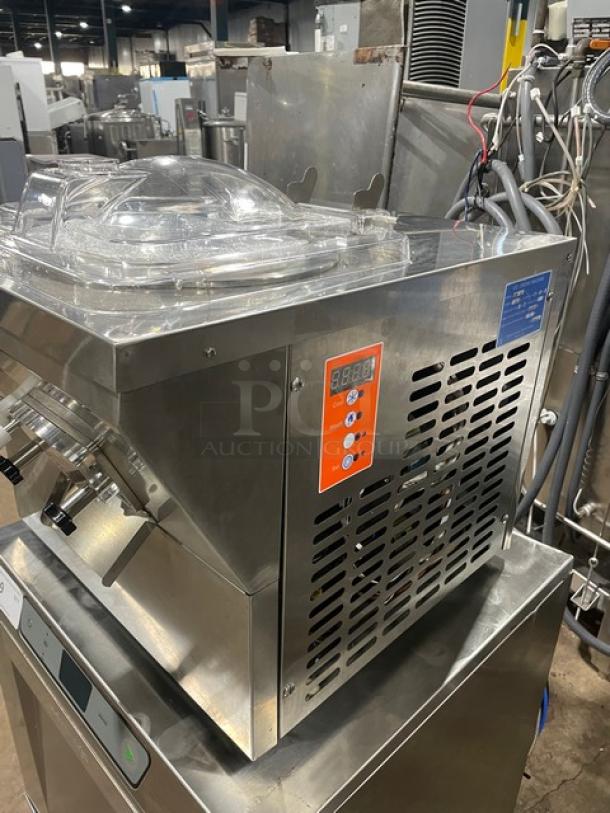 Commercial stainless steel countertop ice cream machine, ICM12, electric-powered, single-flavor, new condition, 110V, SN: 20231102.