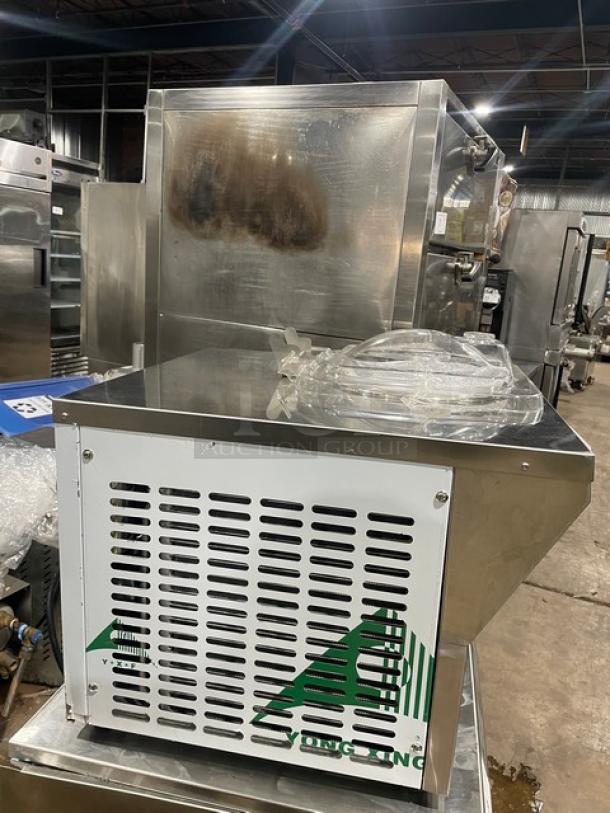 Commercial stainless steel electric countertop ice cream machine, Model ICM12, in used condition, 110V, single-flavor capacity.
